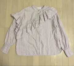 ⁠【美品】BEAMS HEART アシンメトリーフリル ストライプブラウス 紫⁠