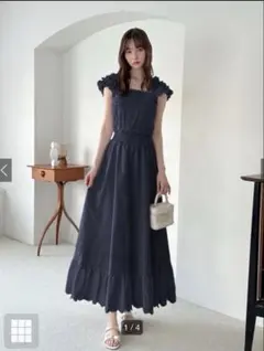 完売商品 フリルショルダー花柄刺繍コットンフレアワンピース[pm588]