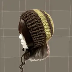 ボンネット フード帽 バラクラバ 手編み ストライプ ハンドメイド バブーシュカ