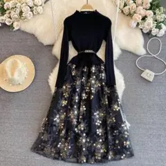 秋冬コーデ❤️ロングワンピース　レディース　ニットワンピース　ドレス　総柄