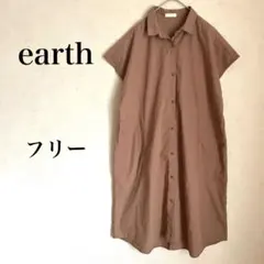 【アース】 Iラインシャツワンピース カーキ ノースリーブ ダウンショルダー