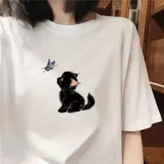 春祭限定 黒猫と蝶プリント 白 半袖Tシャツ サイズ：3XL 綿：100%