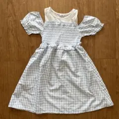 水色チェック柄オフショルダー ワンピース 130cm