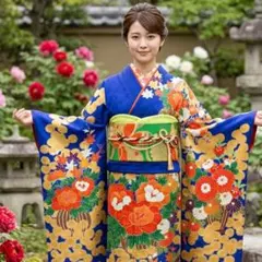 振袖　完全フルセット　24点　成人式　結婚式　前撮り　青　ブルー　黄色　牡丹