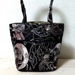 Ｈ82 風神雷神 ハンドメイドトートバッグ 金襴 焦げ茶×ロゼシルバー　大容量