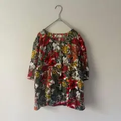 【80s】ヴィンテージ 花柄ブラウス 赤 総柄シャツ 派手 古着 個性的