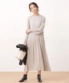 O619ナノユニバースロングワンピースドレスライトグレーティアード長袖ドット水玉