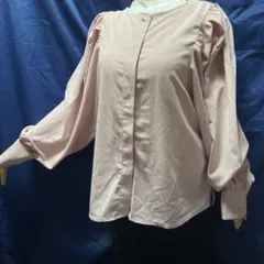 くすみピンク バルーンスリーブ シャツ M 比翼ボタン フライフロント ブラウス
