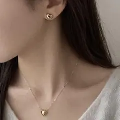 ゴールド ハート ネックレス＆ピアスセット シンプル 上品 大人可愛い 韓国