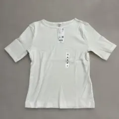 ユニクロ　リブボートネックTシャツ　5分袖　オフホワイト　Mサイズ