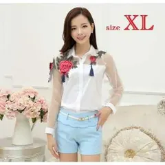 ☆トレンド☆ 花柄 シースルー ZARA系 トップス ホワイトXL