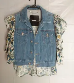 美品 DIESEL ノースリーブフリルデニムブラウス花柄シャツ