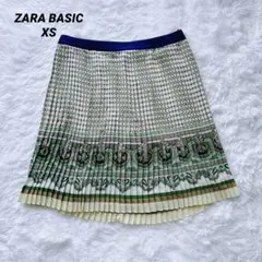 ZARA BASIC スカート ミニ プリーツ 総柄 ベージュ、グリーン XS