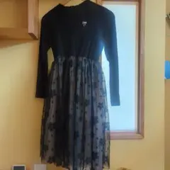 黒の長袖ワンピース 花柄レース 160 ピアノ発表会、結婚式