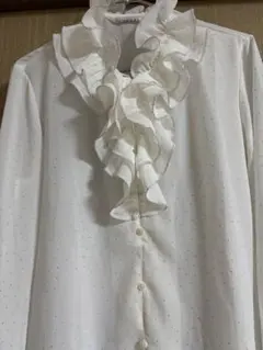 フリル付きホワイトブラウス長袖ドット柄　レディース