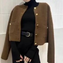 anuans ラクーンブレンドノーカラーニットジャケット キャメル