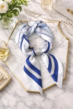 スカーフ ブルー ネイビー 上品 高見え 大判 70cm　シルク調 ストール