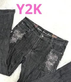 Y2K♥️平成ギャル ブーツカットデニム ダークグレー 刺繍 蝶 Mサイズ