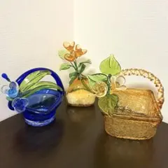 未使用　琉球ガラス　バスケット　一輪挿し フラワー　オブジェ　3点セット 未使用 琉球ガラス バスケット 一輪挿し フラワー オブジェ 3点セット