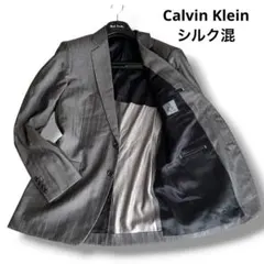 シルク混✨カルバンクライン ストライプテーラードジャケット グレー 光沢 L相当