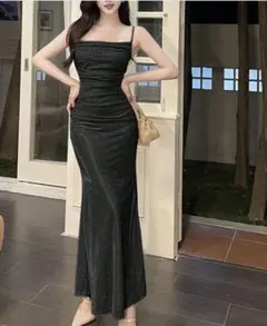 ブラック スリーブレス マキシドレス SHEIN