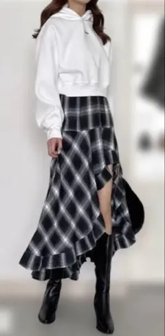 【新品タグ付き】チェック フリル フィッシュテールスカート アシンメトリー