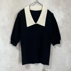【新品タグ付】セゾンドパピヨン 襟付きリブニット 五分袖 L 配色のサムネイル