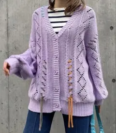 配色 レースアップ 透かし編み カーディガン ラベンダー 紫 推し活