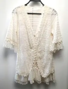 axes femme アクシーズファム 五分袖 レース カーディガン M 白系