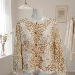 総レース刺繍ジャケット ゴールド 花柄 ヴィンテージ レトロ カーディガン 古着