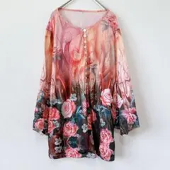 チュニック ヘンリーネック 七分袖 薔薇柄 3XL 赤 桃色 お出かけのサムネイル