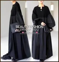 【～3L4L5L6L相当】ぽわん袖×ニット×プリーツAラインロングワンピース*黒