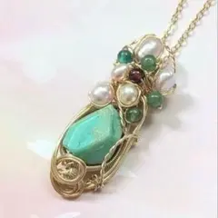 天然石セラフィナイトペンダント、ワイヤーネックレス、ハンドメイド