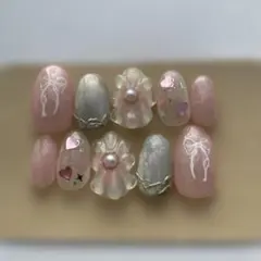 韓国ネイル ニュアンスネイル リボンデザイン ネイルチップ 10個セット