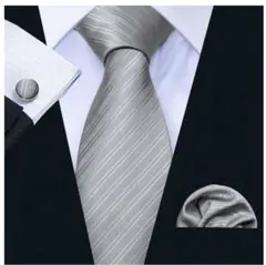 激安新品 ネクタイ チーフ カフス 3点 セット シルバー ストライプ