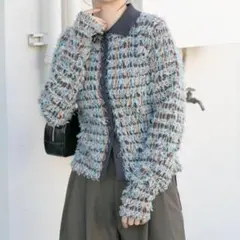 KBF ツイードフリンジニット・カーディガン・長袖・CCLMIX・ブルー・グレーのサムネイル