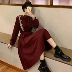 バーガンディ 長袖 Aラインワンピース