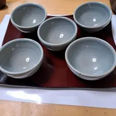 ミニ花器付き青灰色と辰砂の手作り陶器5個セット