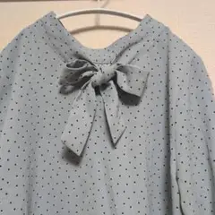 【美品】GLOBALWORK　くすみ系水色　総柄ボウタイ長袖薄手シャツ　L