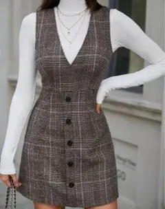 ブラウン グレー　チェック　ツイード　ノースリーブ　ワンピース　ジャンスカ　ミニ