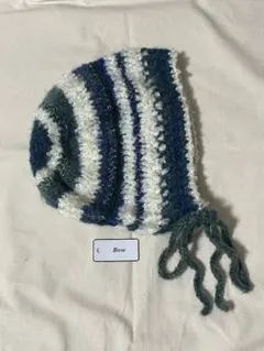 編み物　ニットボンネット　 Green×Blue×White