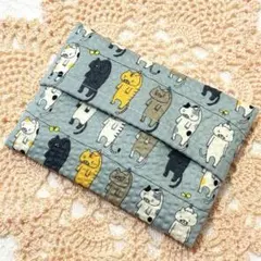 ハンドメイド　ポケットティッシュケース　洗濯干し猫　猫　ブルーグレー