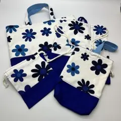レッスンバッグ　4点セット　花柄　トート　青　上履き入れ　コップ入れ　リュック