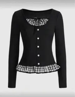 SHEIN ROMWE リブ編みブラック長袖トップス フリル付き ブラック S