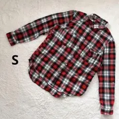 フランネルシャツ 襟付きカジュアルシャツ　赤黒チェック柄　長袖　ボタン　コットン