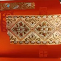 オレンジ色 帯地　刺繍入り生地