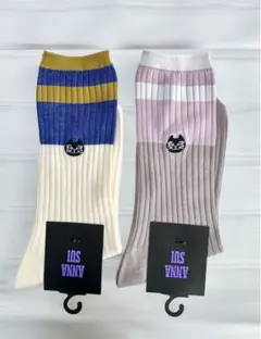 ANNA SUIアナスイ2ラインクルー丈ソックステティ刺繍猫ネコねこ靴下2足新品のサムネイル