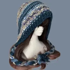 バラクラバ フード帽 ブルーネイビー青 ハンドメイド編み物帽子y2k一部モヘア調