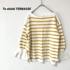 テチチテラス 白×黄色 袖フリル ボーダーニット パフスリーブ フリーサイズのサムネイル