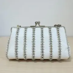 【美品】華やか ビジュー パーティバッグ チェーン付 ホワイト ラインストーン